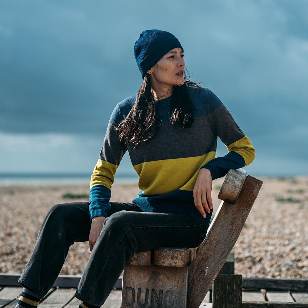 Isobaa | Womens Merino Block Stripe Sweater (Denim/Smoke/Lime/Petrol) | Discover effortless style and exceptional comfort with our extrafine 9-gauge Merino wool crew neck sweater. | Model: Jessica