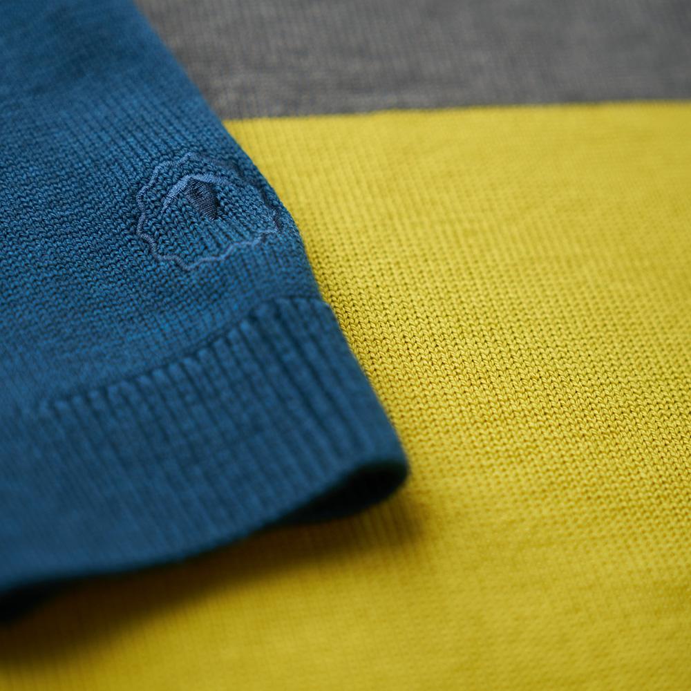 Isobaa | Womens Merino Block Stripe Sweater (Denim/Smoke/Lime/Petrol) | Discover effortless style and exceptional comfort with our extrafine 9-gauge Merino wool crew neck sweater.