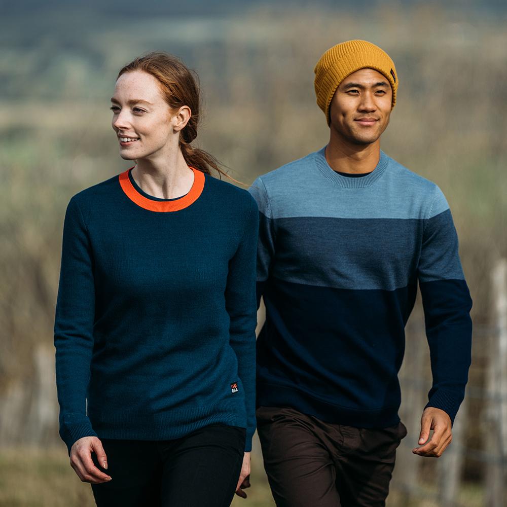 Isobaa | Womens Merino Honeycomb Sweater (Petrol/Orange) | The perfect blend of function and elegance in our extrafine 12-gauge Merino wool crew neck sweater. | Model: Sophie
