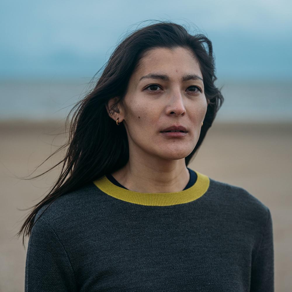 Isobaa | Womens Merino Honeycomb Sweater (Smoke/Lime) | The perfect blend of function and elegance in our extrafine 12-gauge Merino wool crew neck sweater. | Model: Jessica