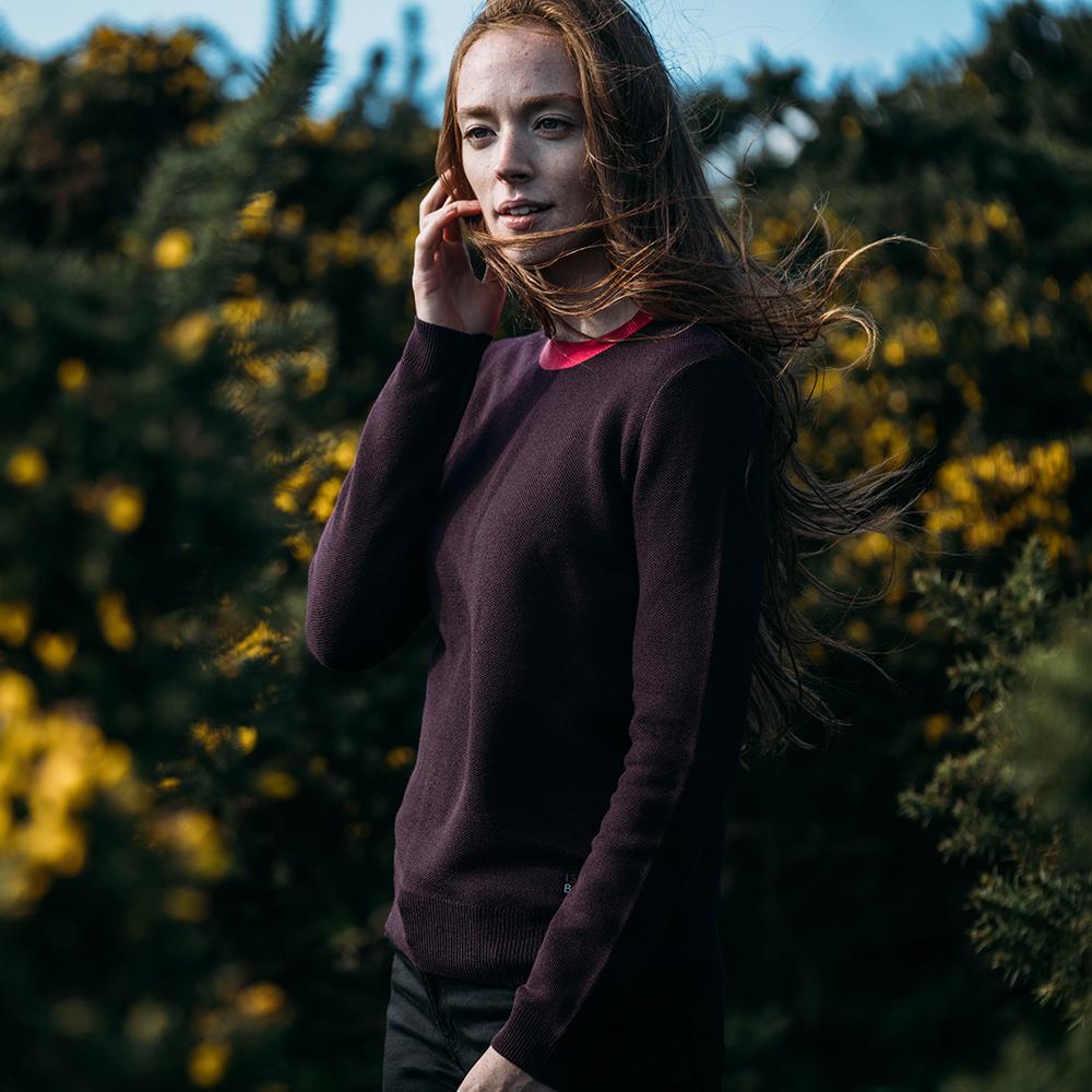 Isobaa | Womens Merino Honeycomb Sweater (Wine/Fuchsia) | The perfect blend of function and elegance in our extrafine 12-gauge Merino wool crew neck sweater. | Model: Sophie