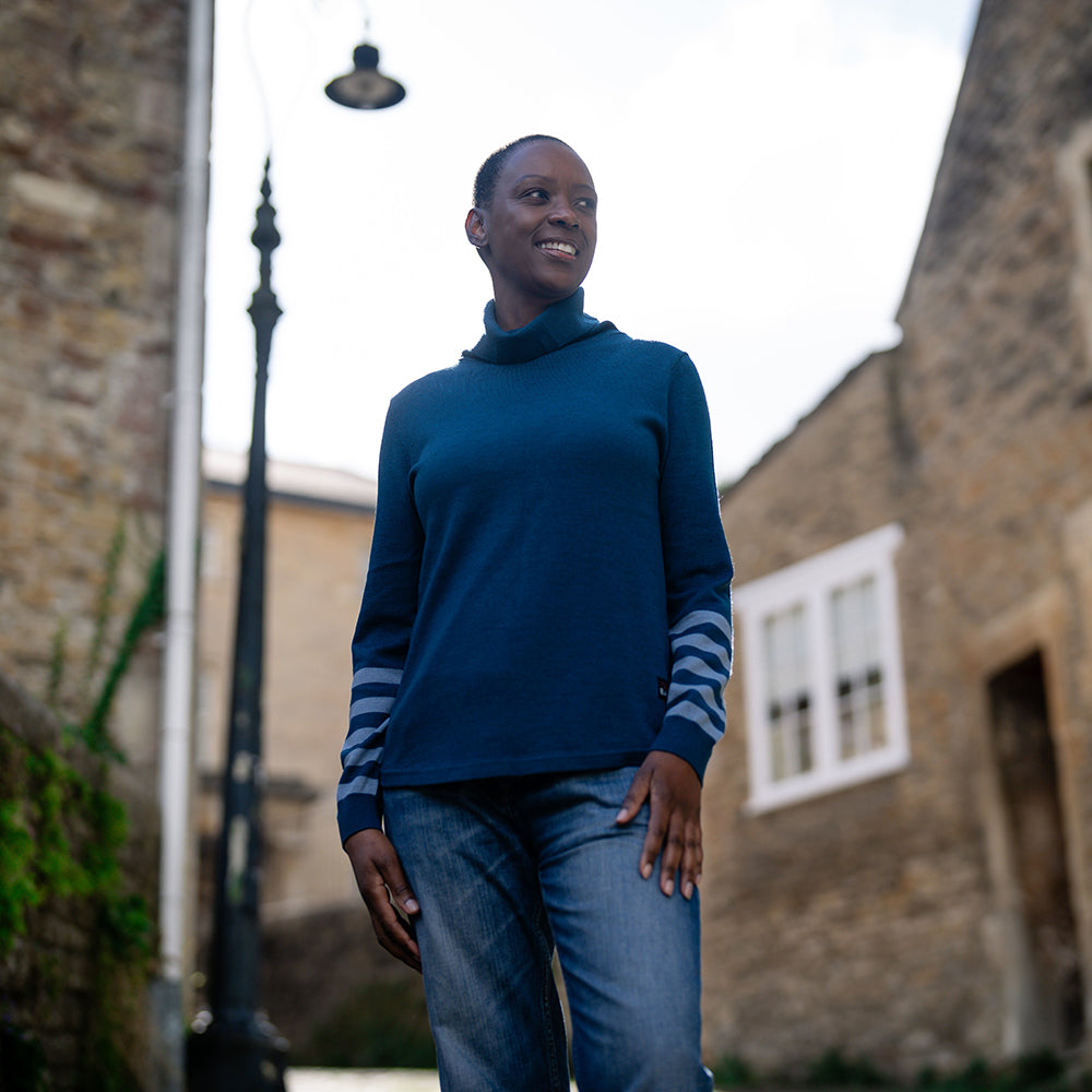 Isobaa | Womens Merino Roll Neck Sweater (Petrol/Sky) | Discover premium style and performance with Isobaa's extra-fine Merino roll neck sweater. | Model: Yolisa