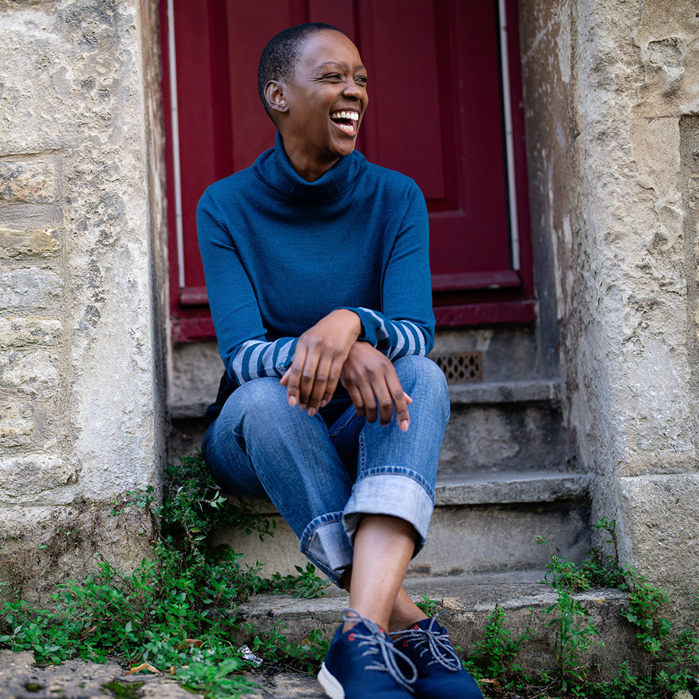 Isobaa | Womens Merino Roll Neck Sweater (Petrol/Sky) | Discover premium style and performance with Isobaa's extra-fine Merino roll neck sweater. | Model: Yolisa