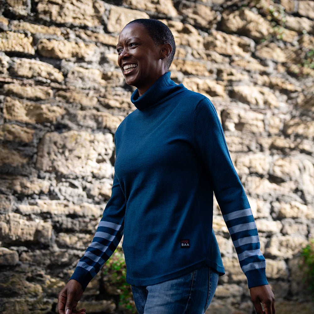 Isobaa | Womens Merino Roll Neck Sweater (Petrol/Sky) | Discover premium style and performance with Isobaa's extra-fine Merino roll neck sweater. | Model: Yolisa