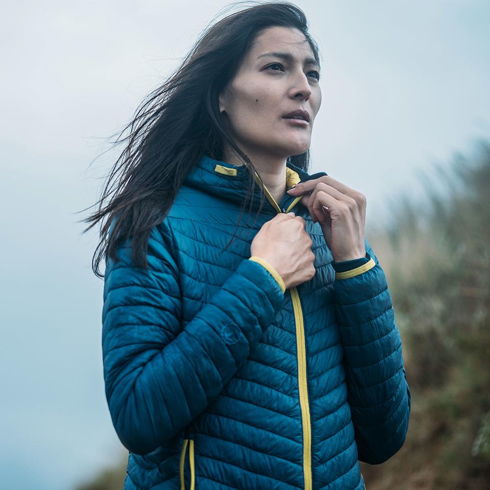 Isobaa | Womens Merino Wool Insulated Jacket (Petrol/Lime) | Innovative and sustainable design with our Merino jacket. | Model: Jessica