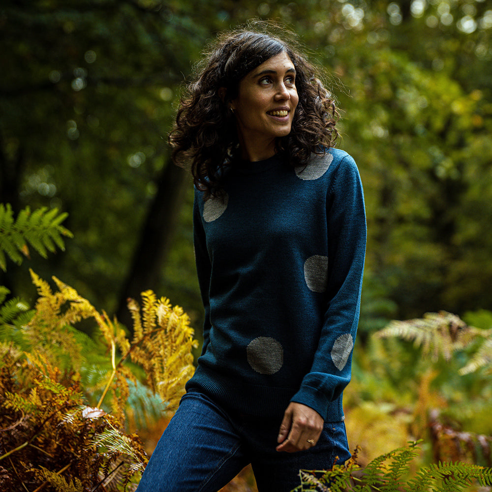 Isobaa | Womens Polka Dot Sweater (Petrol/Charcoal) | Discover the ultimate layering essential with Isobaa's extra-fine Merino crew neck sweater. | Model: Clémentine