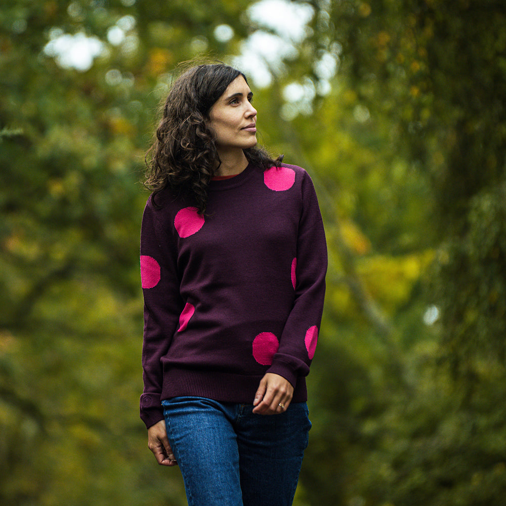 Isobaa | Womens Polka Dot Sweater (Wine/Fuchsia) | Discover the ultimate layering essential with Isobaa's extra-fine Merino crew neck sweater. | Model: Clémentine