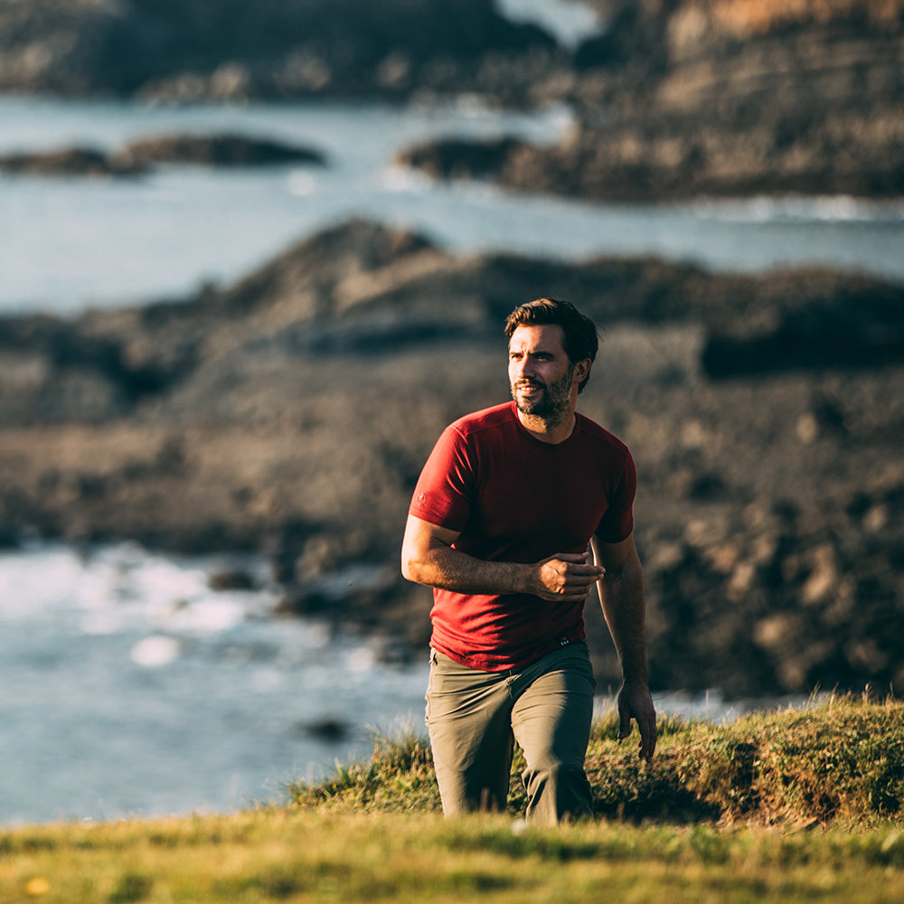 Isobaa | Mens Merino 150 Short Sleeve Crew (Red) | Gear up for performance and comfort with Isobaa's technical Merino short-sleeved top. | Model: Duncan
