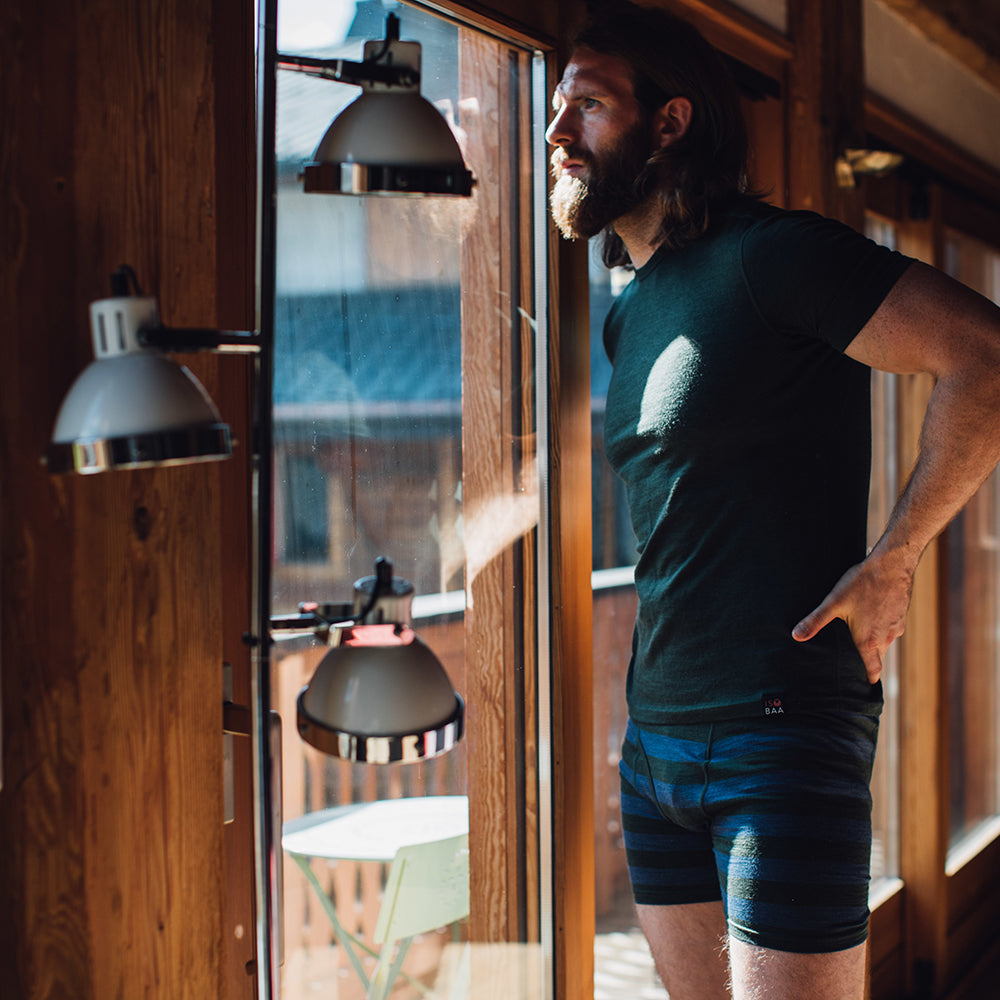 Isobaa | Mens Merino 180 Boxers (Forest/Denim) | Ditch itchy, sweaty underwear and discover the game-changing comfort of Merino wool boxers. | Model: Craig