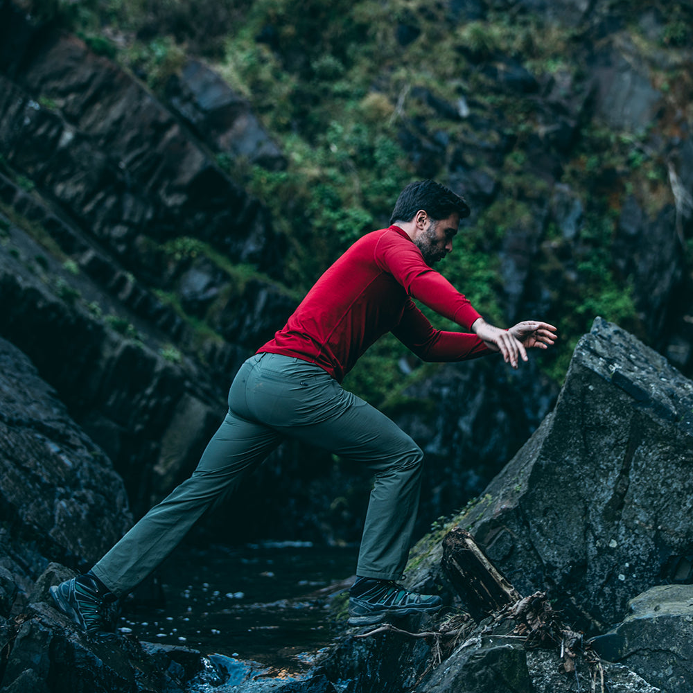 Isobaa | Mens Merino 200 Long Sleeve Zip Neck (Red) | Experience the best of 200gm Merino wool with this ultimate half-zip top – your go-to for challenging hikes, chilly bike commutes, post-workout layering, and unpredictable weather. | Model: Duncan