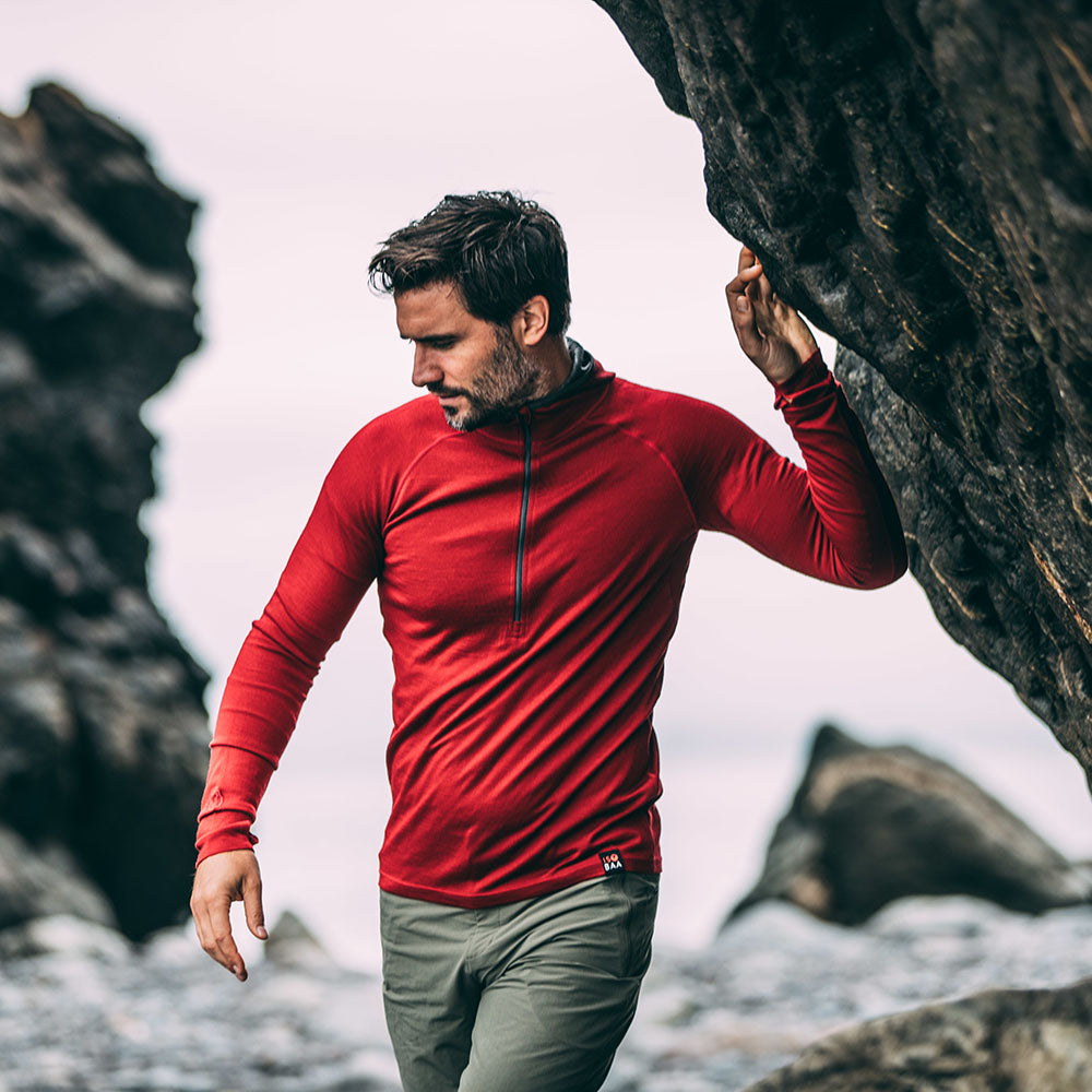 Isobaa | Mens Merino 200 Zip Neck Hoodie (Red) | The ultimate 200gm Merino wool hoodie. | Model: Duncan