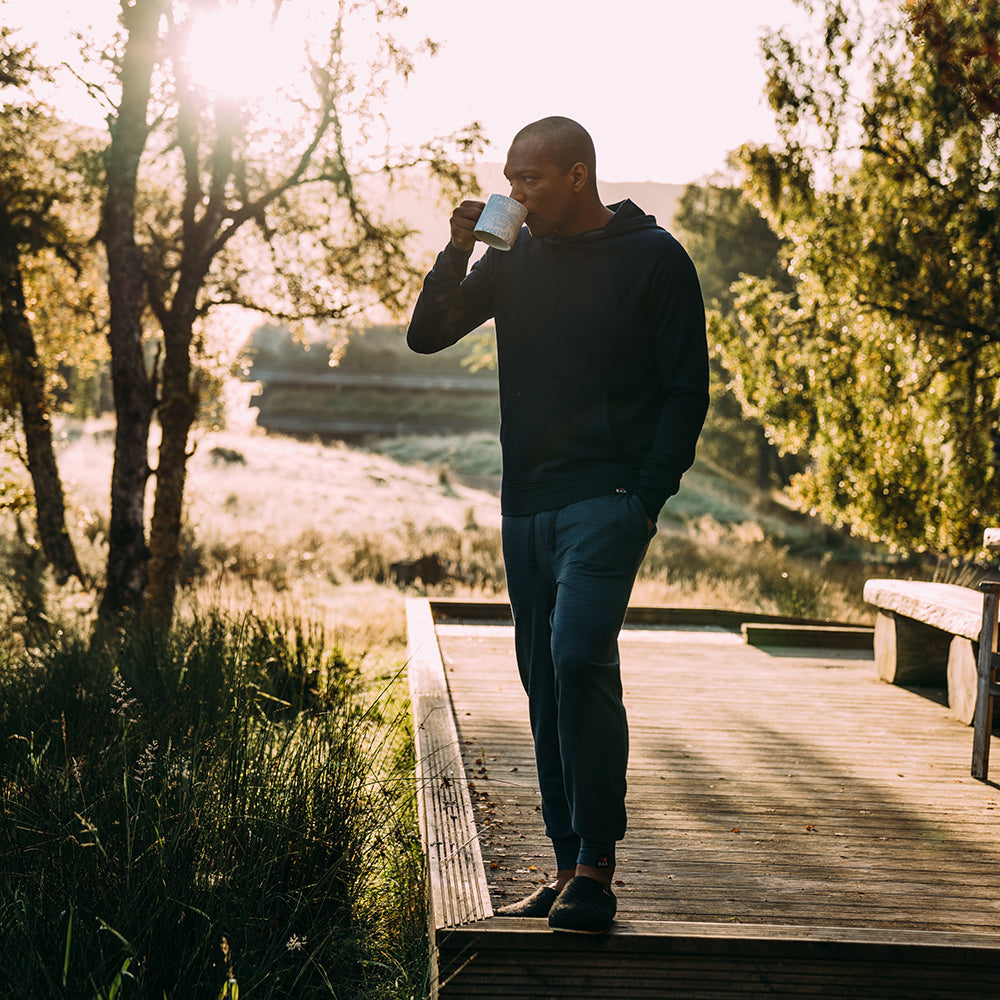 Isobaa | Mens Merino 260 Lounge Cuffed Joggers (Denim/Navy) | Discover unparalleled comfort and versatility with our luxurious 260gm Merino wool lounge joggers.