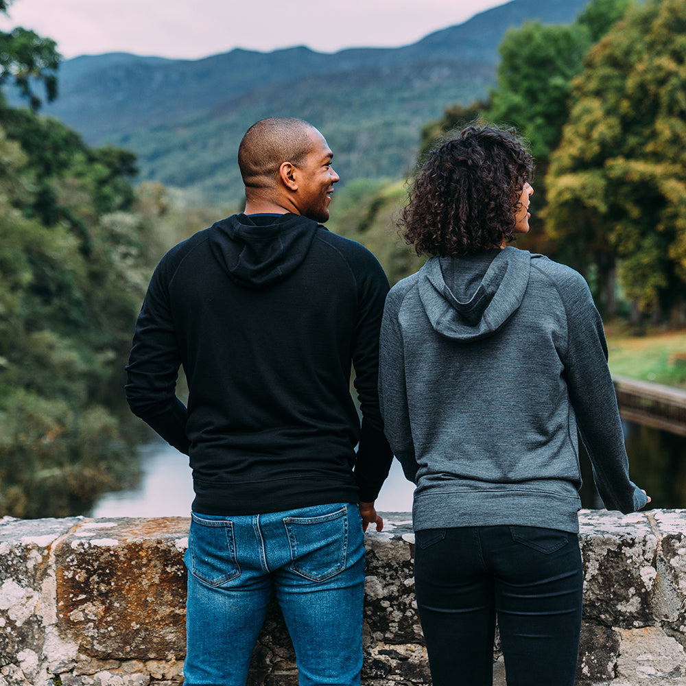 Isobaa | Mens Merino 260 Lounge Hoodie (Black/Smoke) | Experience the best in comfort and performance with our midweight 260gm Merino wool pullover hoodie. | Model: Edirin