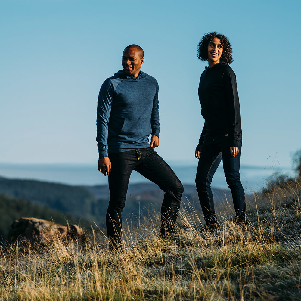 Isobaa | Mens Merino 260 Lounge Hoodie (Denim/Navy) | Experience the best in comfort and performance with our midweight 260gm Merino wool pullover hoodie. | Model: Edirin