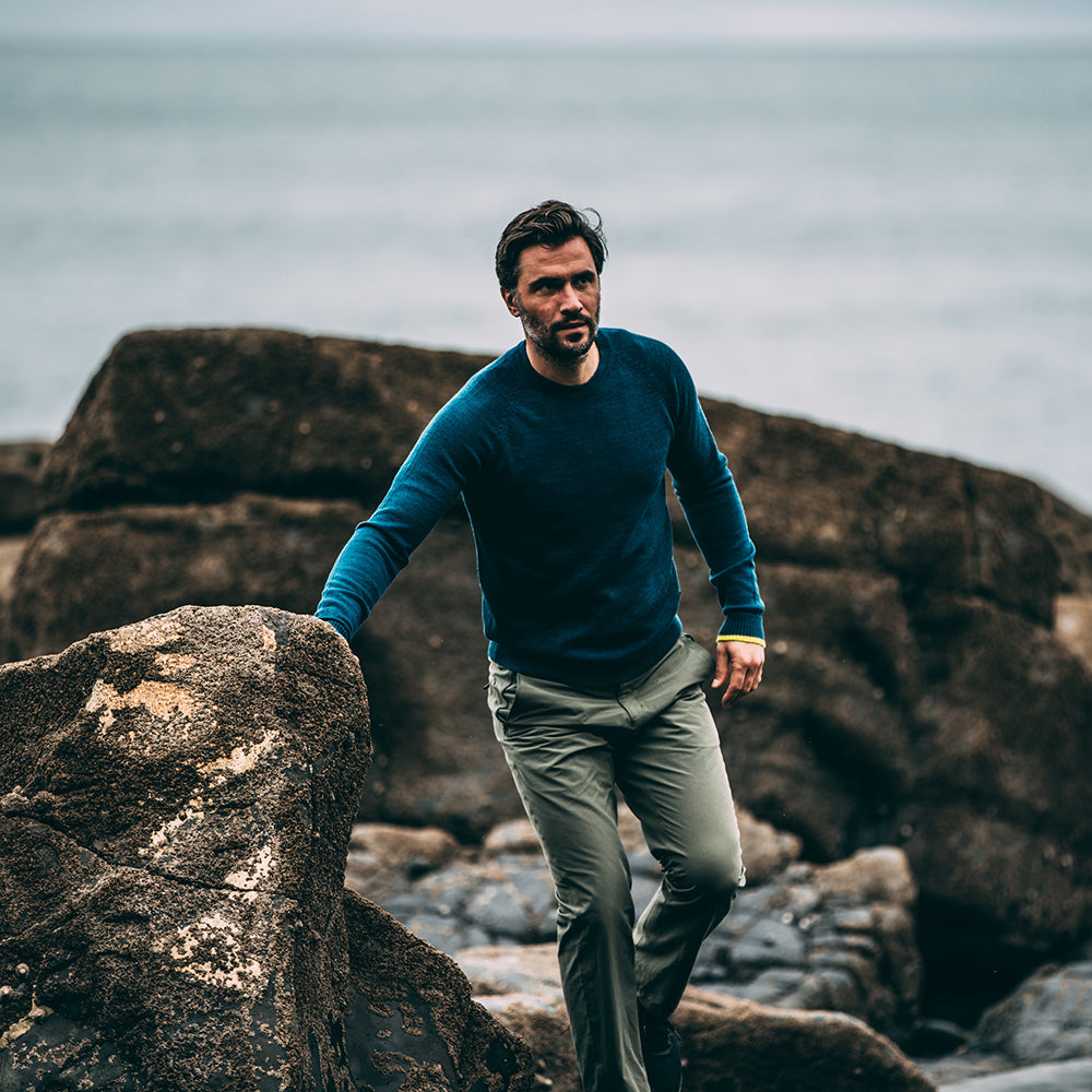 Isobaa | Mens Merino Crew Sweater (Petrol/Lime) | Everyday warmth and comfort with our superfine 12-gauge Merino wool crew neck sweater.