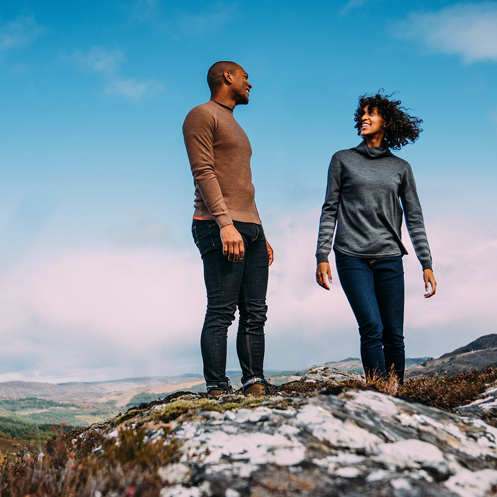 Isobaa | Mens Merino Moss Stitch Sweater (Bran/Orange) | Discover timeless style and outdoor-ready comfort with our extrafine Merino wool crew neck sweater. | Model: Edirin