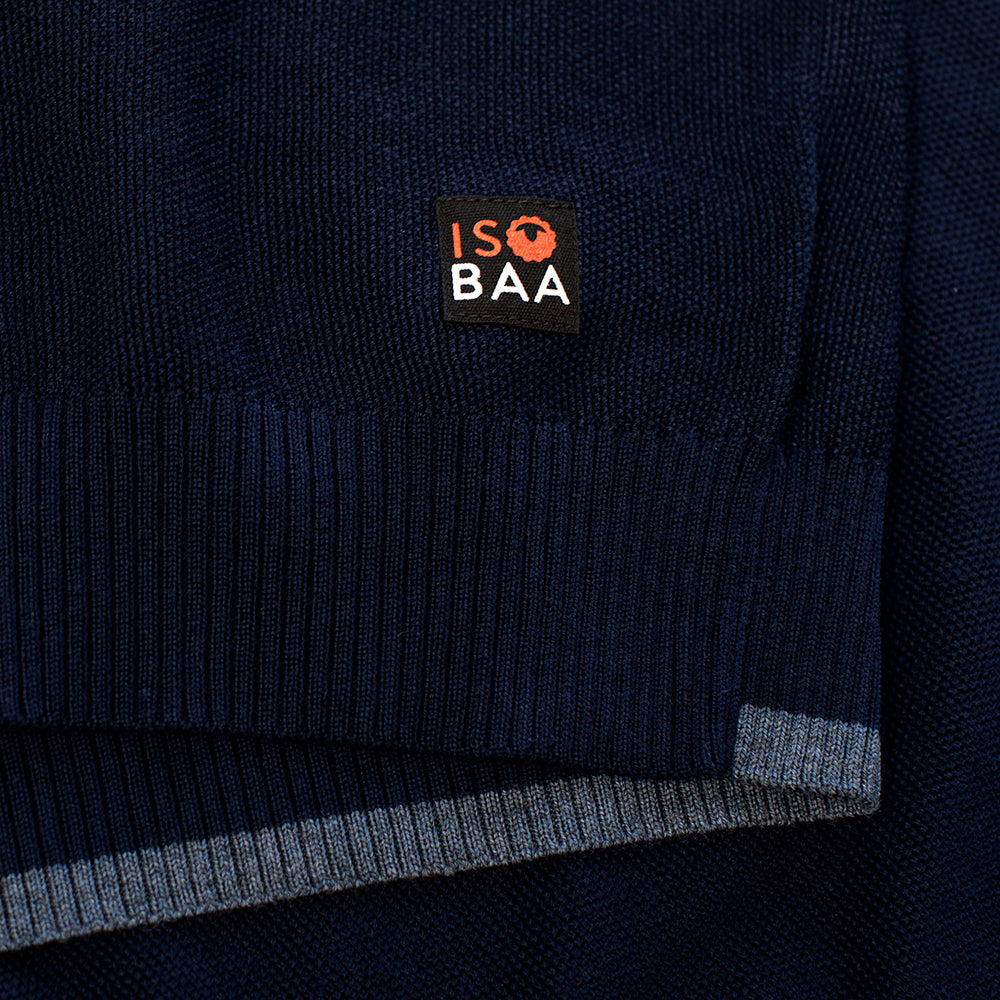 Isobaa | Mens Merino Moss Stitch Sweater (Navy/Denim) | Discover timeless style and outdoor-ready comfort with our extrafine Merino wool crew neck sweater.