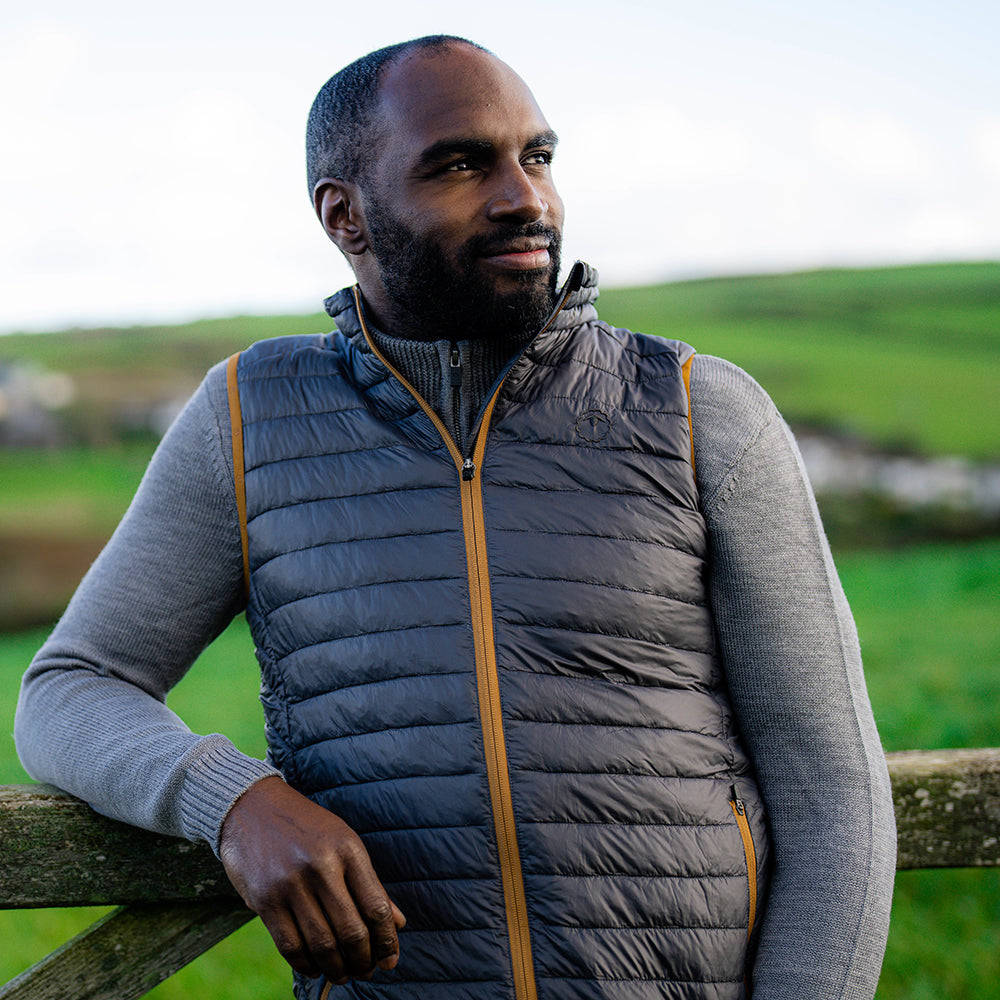 Isobaa | Mens Merino Wool Insulated Gilet (Smoke/Mustard) | Fight the chill with our innovative Merino gilet. | Model: Michael