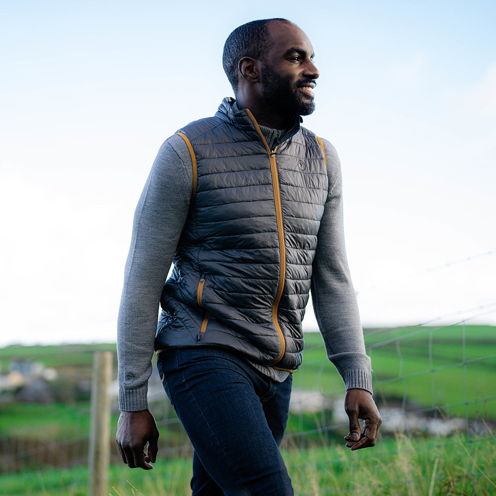 Isobaa | Mens Merino Wool Insulated Gilet (Smoke/Mustard) | Fight the chill with our innovative Merino gilet. | Model: Michael