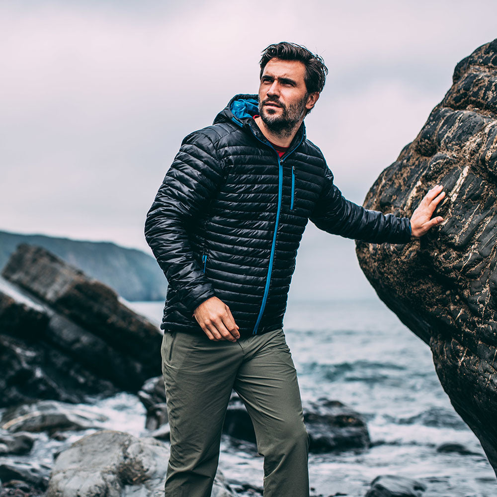 Isobaa | Mens Merino Wool Insulated Jacket (Black/Blue) | Innovative and sustainable design with our Merino jacket. | Model: Duncan