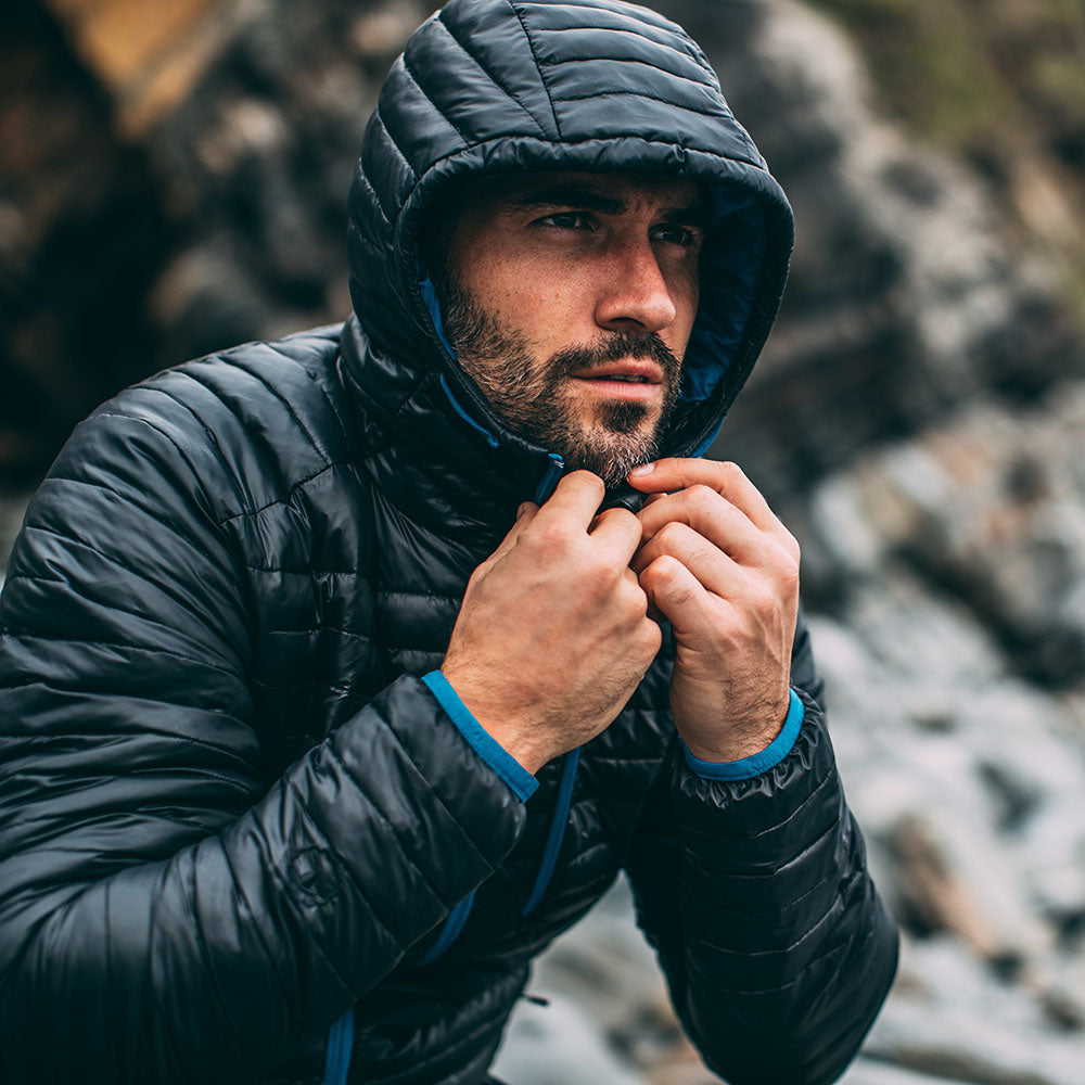 Isobaa | Mens Merino Wool Insulated Jacket (Black/Blue) | Innovative and sustainable design with our Merino jacket. | Model: Duncan