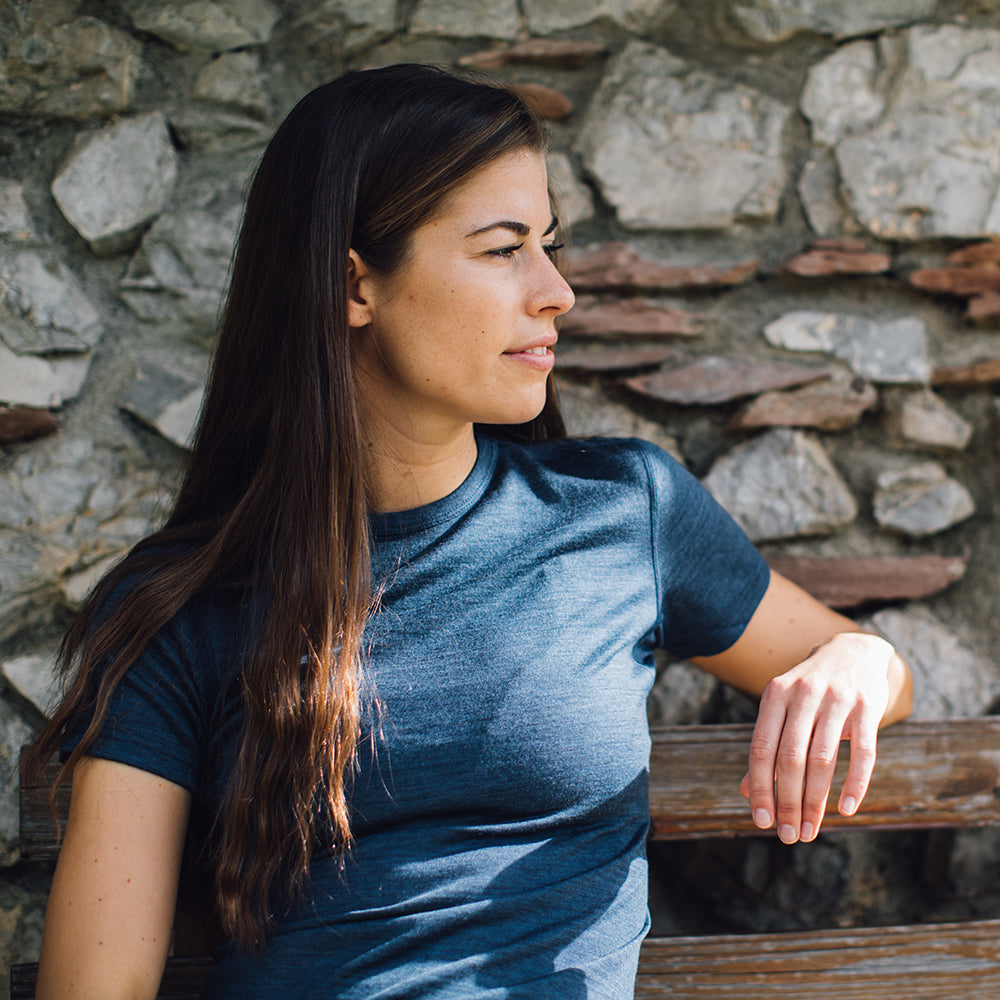 Isobaa | Womens Merino 150 Short Sleeve Crew (Denim) | Gear up for performance and comfort with Isobaa's technical Merino short-sleeved top. | Model: Jess