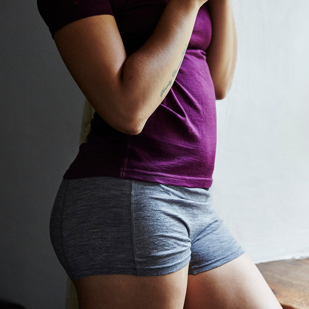 Isobaa | Womens Merino 180 Hipster Shorts (Charcoal) | Conquer any activity in comfort with Isobaa's superfine Merino hipster shorts. | Model: Savanah