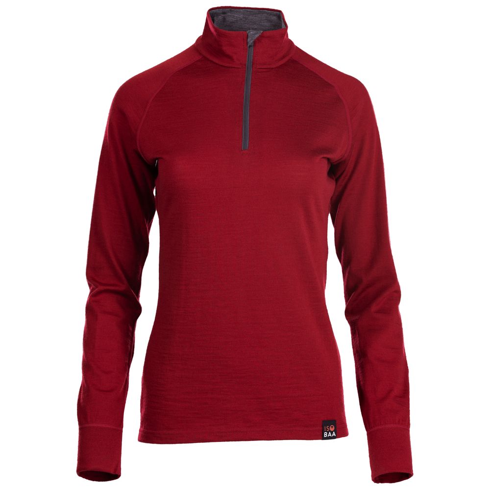 Isobaa | Womens Merino 200 Long Sleeve Zip Neck (Red) | Experience the best of 200gm Merino wool with this ultimate half-zip top – your go-to for challenging hikes, chilly bike commutes, post-workout layering, and unpredictable weather.