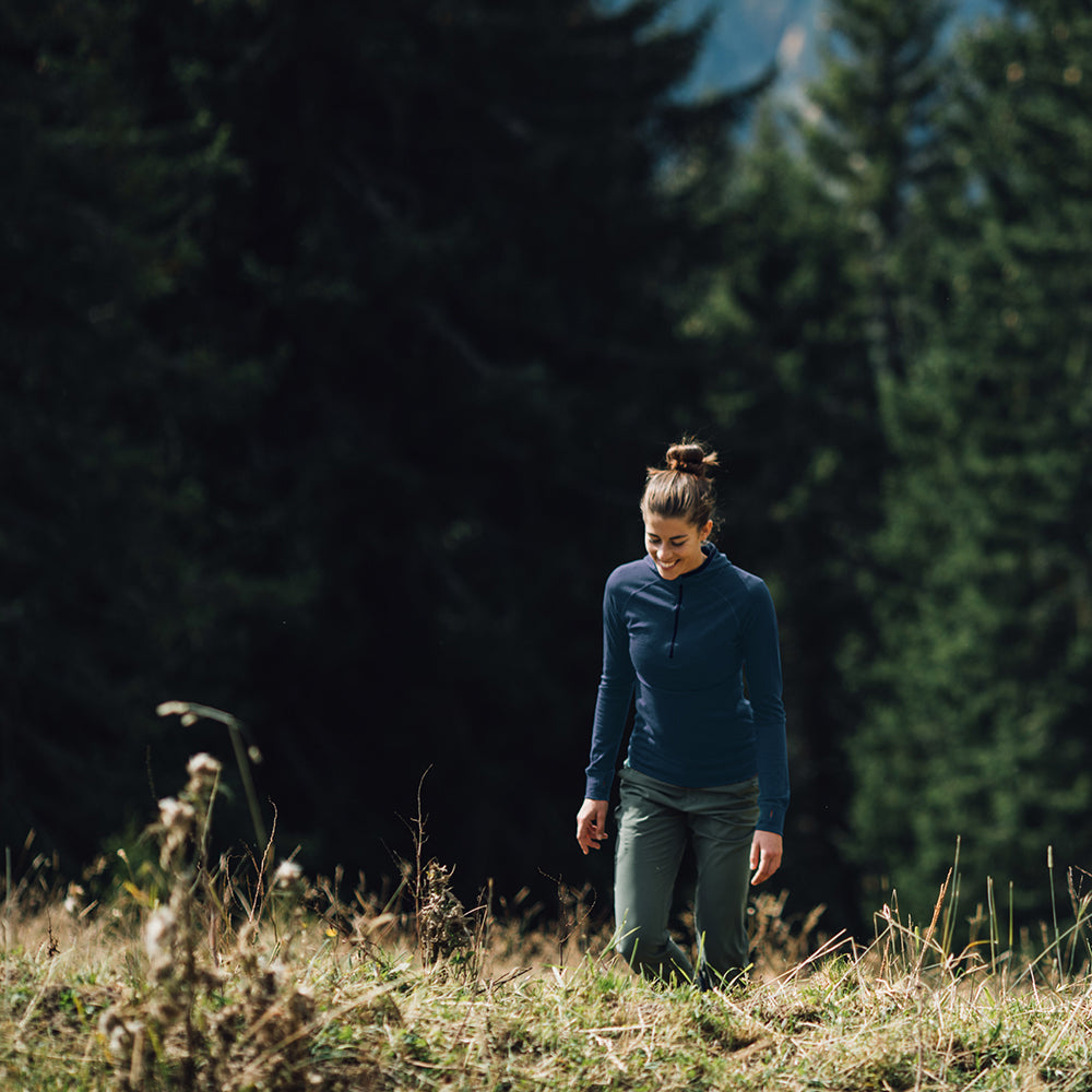 Isobaa | Womens Merino 200 Zip Neck Hoodie (Denim) | The ultimate 200gm Merino wool hoodie. | Model: Jess