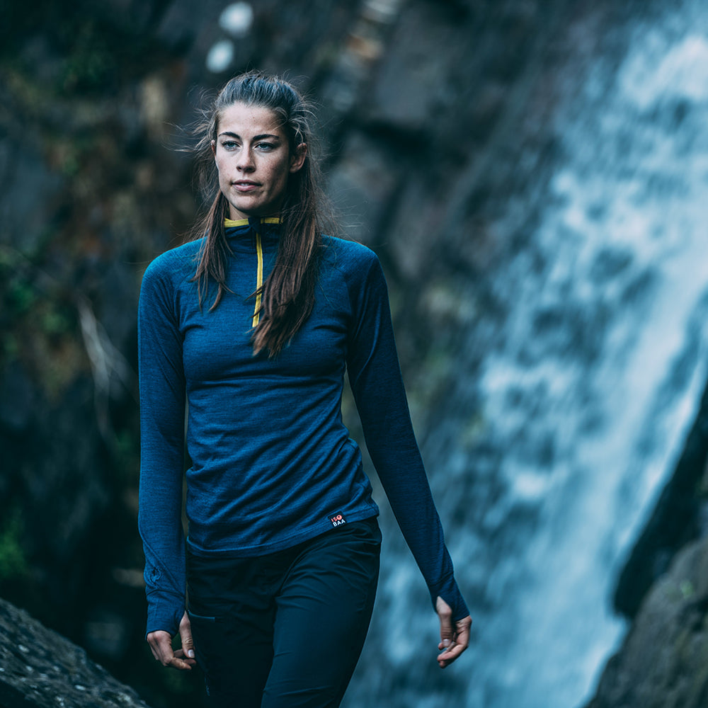 Isobaa | Womens Merino 200 Zip Neck Hoodie (Petrol) | The ultimate 200gm Merino wool hoodie. | Model: Jess
