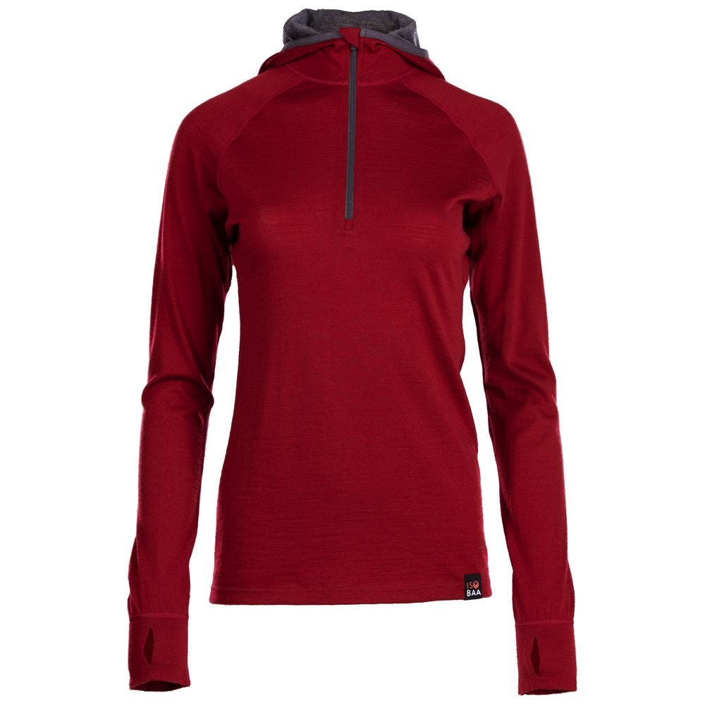 Isobaa | Womens Merino 200 Zip Neck Hoodie (Red) | The ultimate 200gm Merino wool hoodie.