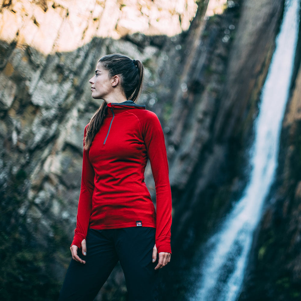 Isobaa | Womens Merino 200 Zip Neck Hoodie (Red) | The ultimate 200gm Merino wool hoodie. | Model: Jess
