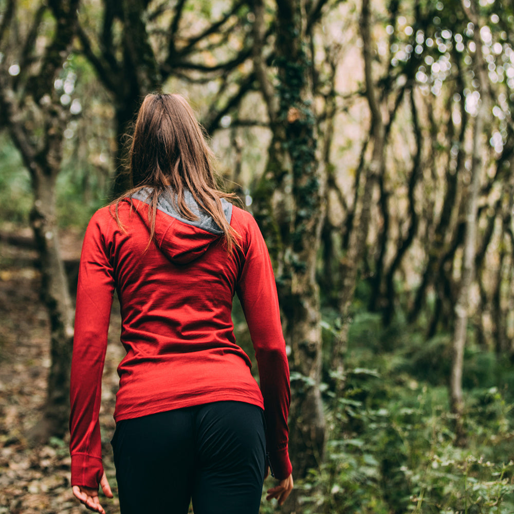 Isobaa | Womens Merino 200 Zip Neck Hoodie (Red) | The ultimate 200gm Merino wool hoodie.