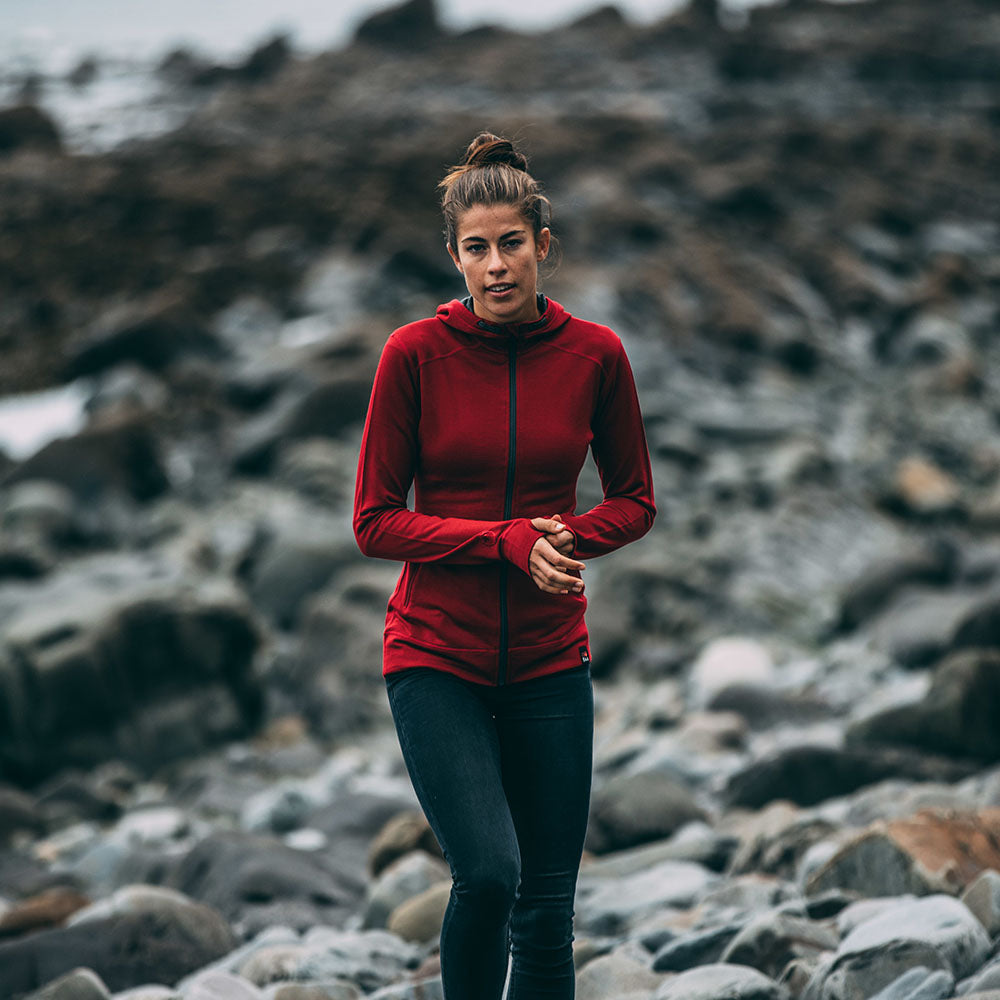 Isobaa | Womens Merino 260 Casual Hoodie (Red) | The best in warmth and versatility: Isobaa 260gm midweight Merino wool hoodie. | Model: Jess