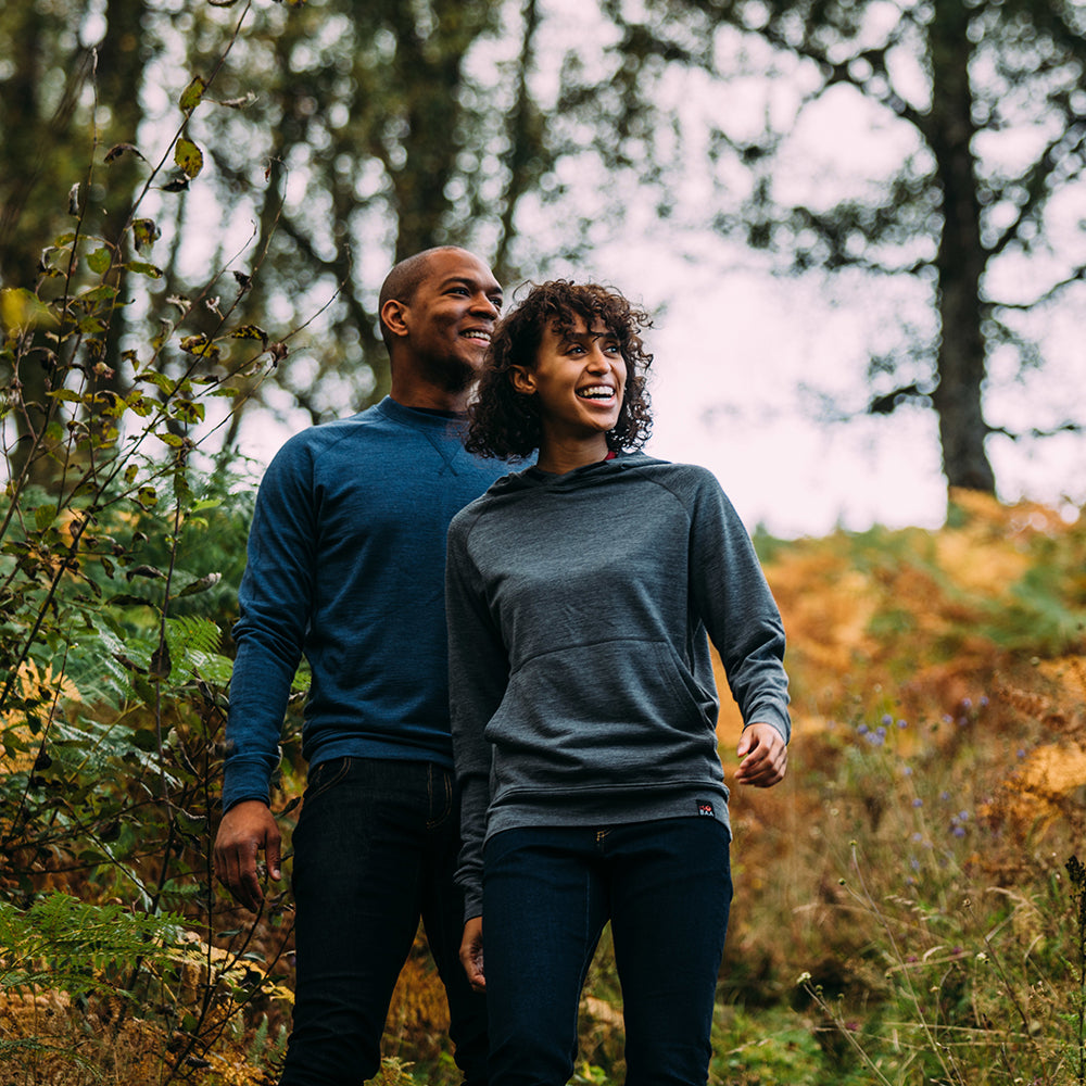 Isobaa | Womens Merino 260 Lounge Hoodie (Smoke/Black) | Experience the best in comfort and performance with our midweight 260gm Merino wool pullover hoodie. | Model: Micah