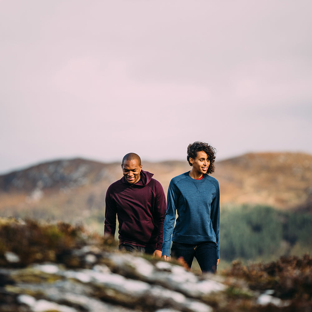 Isobaa | Womens Merino 260 Lounge Sweatshirt (Denim) | The ultimate 260gm Merino wool sweatshirt – Your go-to for staying cosy after chilly runs, conquering weekends in style, or whenever you crave warmth without bulk. | Model: Micah