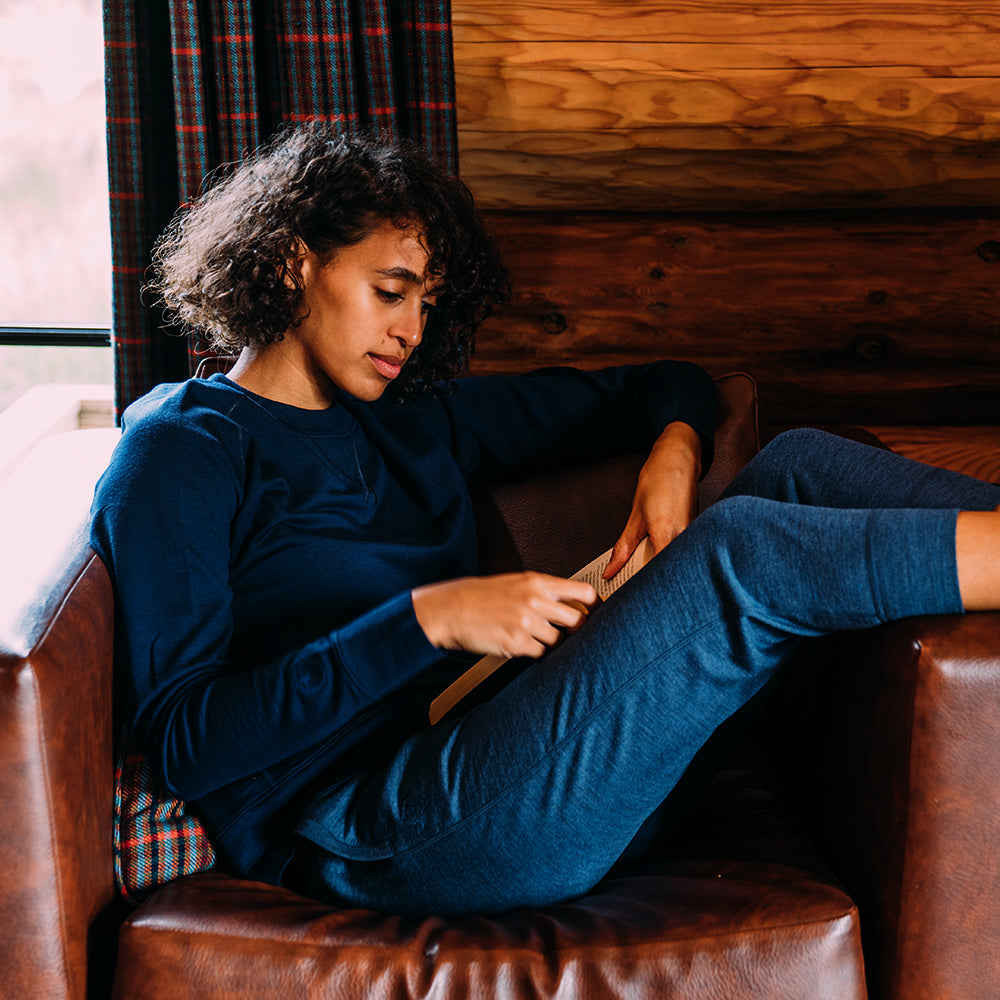 Isobaa | Womens Merino 260 Lounge Sweatshirt (Navy) | The ultimate 260gm Merino wool sweatshirt – Your go-to for staying cosy after chilly runs, conquering weekends in style, or whenever you crave warmth without bulk.