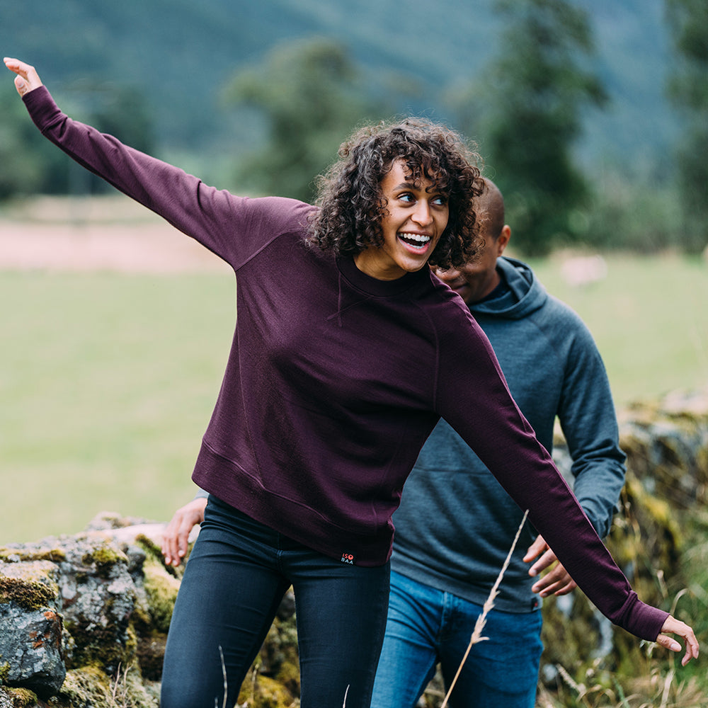 Isobaa | Womens Merino 260 Lounge Sweatshirt (Wine) | The ultimate 260gm Merino wool sweatshirt – Your go-to for staying cosy after chilly runs, conquering weekends in style, or whenever you crave warmth without bulk. | Model: Micah