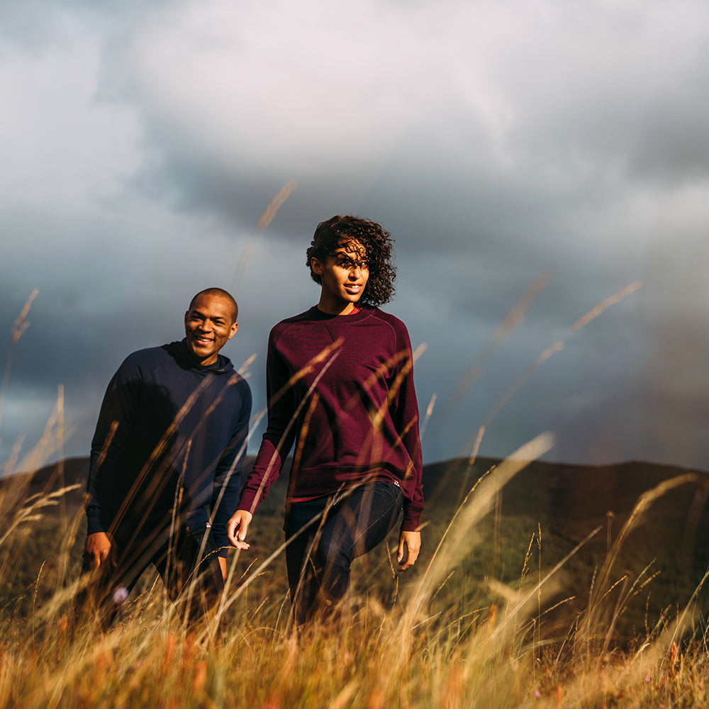 Isobaa | Womens Merino 260 Lounge Sweatshirt (Wine) | The ultimate 260gm Merino wool sweatshirt – Your go-to for staying cosy after chilly runs, conquering weekends in style, or whenever you crave warmth without bulk. | Model: Micah