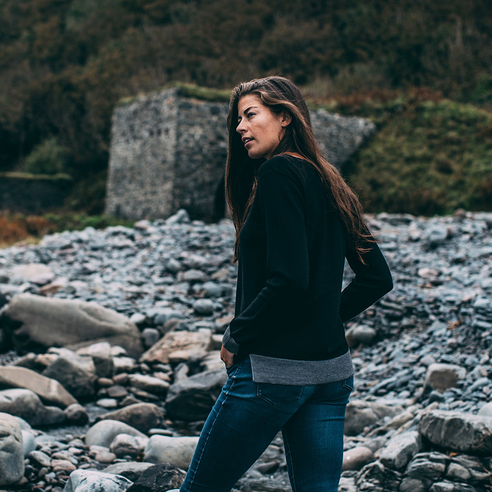 Isobaa | Womens Merino Crew Sweater (Black/Charcoal) | Everyday warmth and comfort with our superfine 12-gauge Merino wool crew neck sweater. | Model: Jess