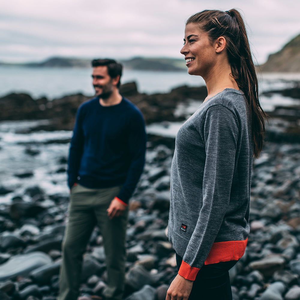 Isobaa | Womens Merino Crew Sweater (Charcoal/Orange) | Everyday warmth and comfort with our superfine 12-gauge Merino wool crew neck sweater. | Model: Jess
