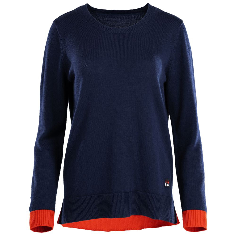 Isobaa | Womens Merino Crew Sweater (Navy/Orange) | Everyday warmth and comfort with our superfine 12-gauge Merino wool crew neck sweater.