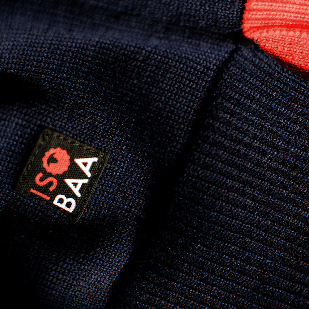 Isobaa | Womens Merino Crew Sweater (Navy/Orange) | Everyday warmth and comfort with our superfine 12-gauge Merino wool crew neck sweater.