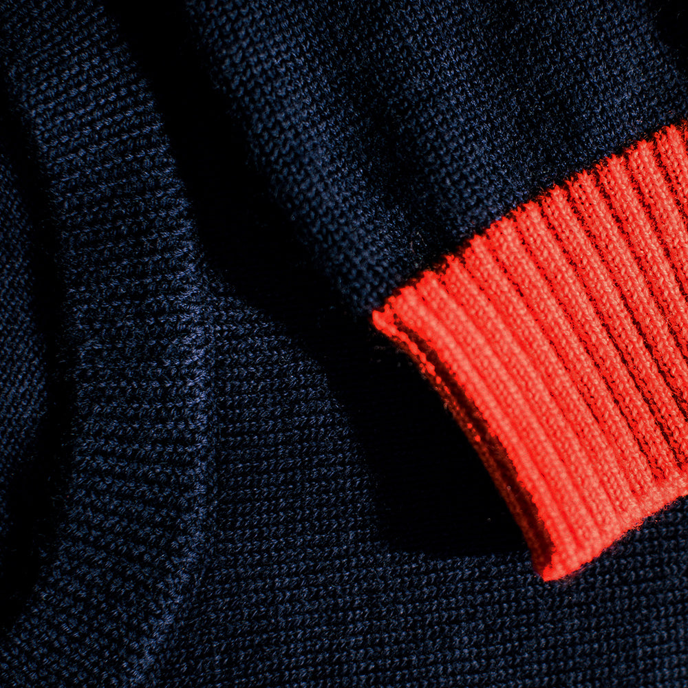 Isobaa | Womens Merino Crew Sweater (Navy/Orange) | Everyday warmth and comfort with our superfine 12-gauge Merino wool crew neck sweater.