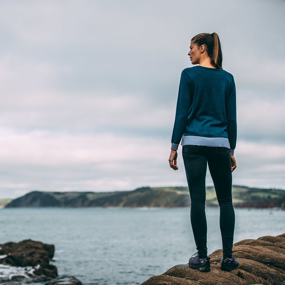 Isobaa | Womens Merino Crew Sweater (Petrol/Sky) | Everyday warmth and comfort with our superfine 12-gauge Merino wool crew neck sweater. | Model: Jess
