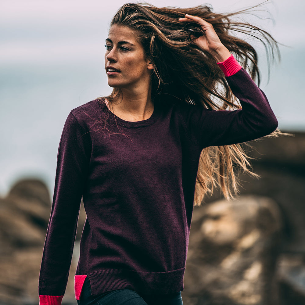Isobaa | Womens Merino Crew Sweater (Wine/Fuchsia) | Everyday warmth and comfort with our superfine 12-gauge Merino wool crew neck sweater. | Model: Jess