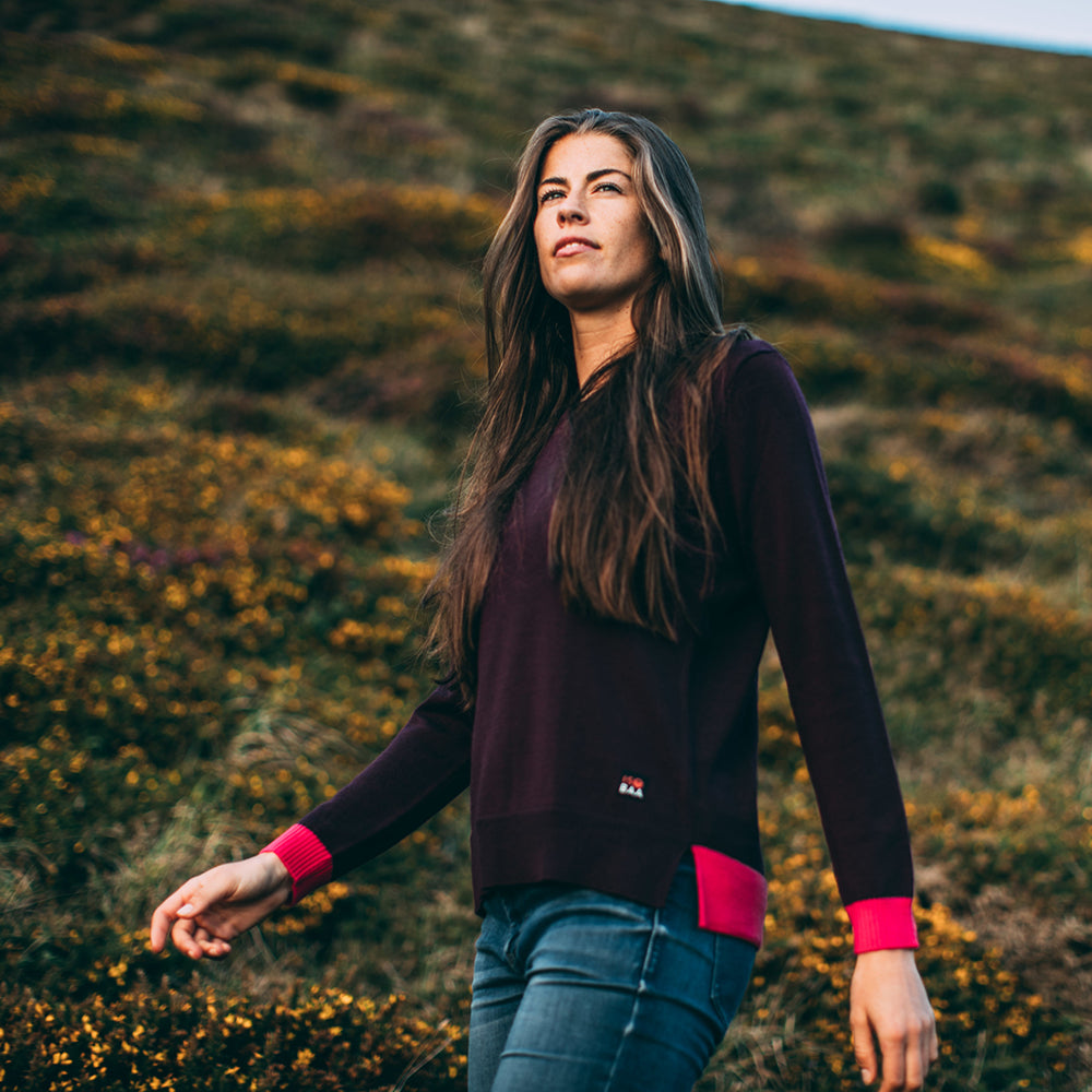 Isobaa | Womens Merino Crew Sweater (Wine/Fuchsia) | Everyday warmth and comfort with our superfine 12-gauge Merino wool crew neck sweater. | Model: Jess