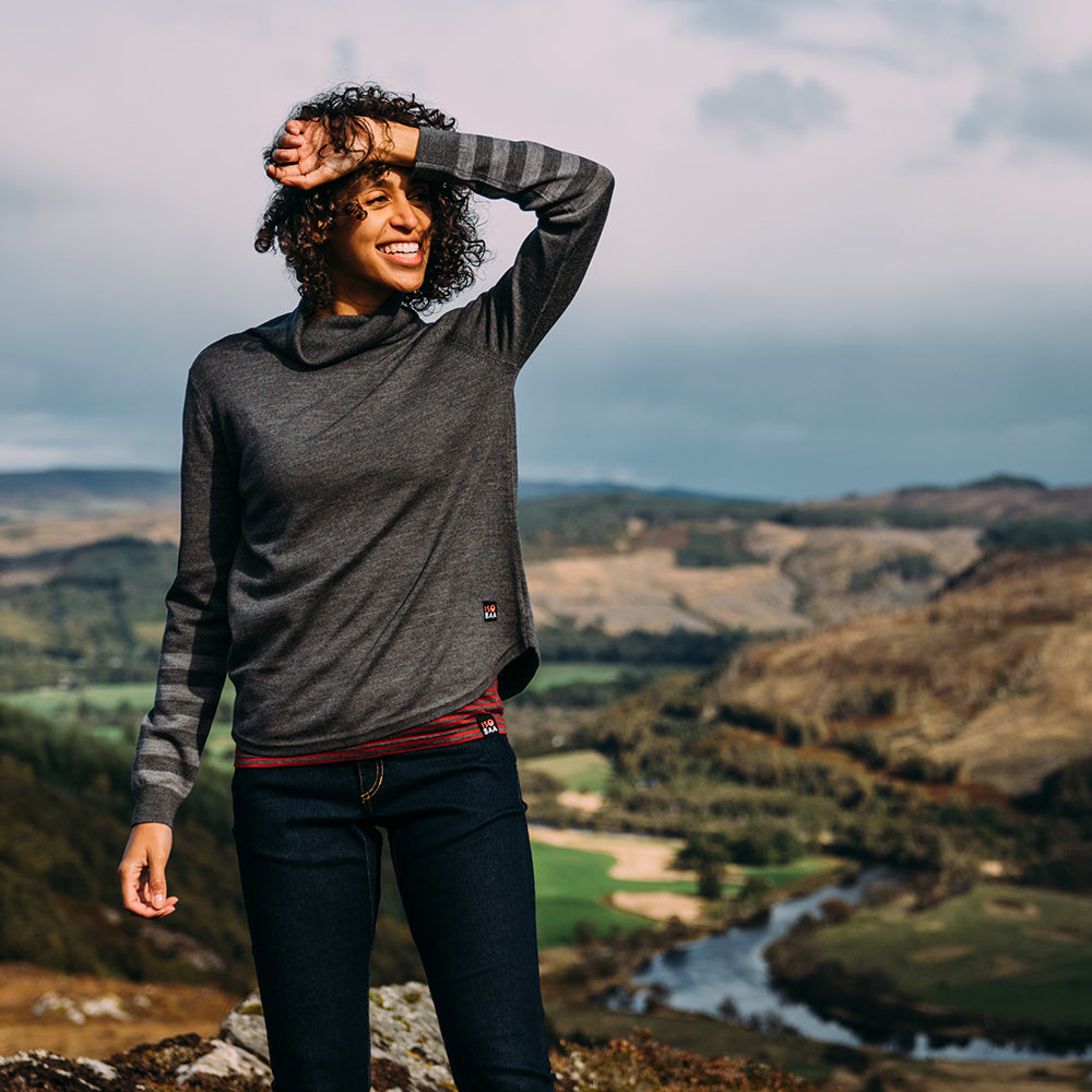 Isobaa | Womens Merino Roll Neck Sweater (Smoke/Charcoal) | Discover premium style and performance with Isobaa's extra-fine Merino roll neck sweater. | Model: Micah