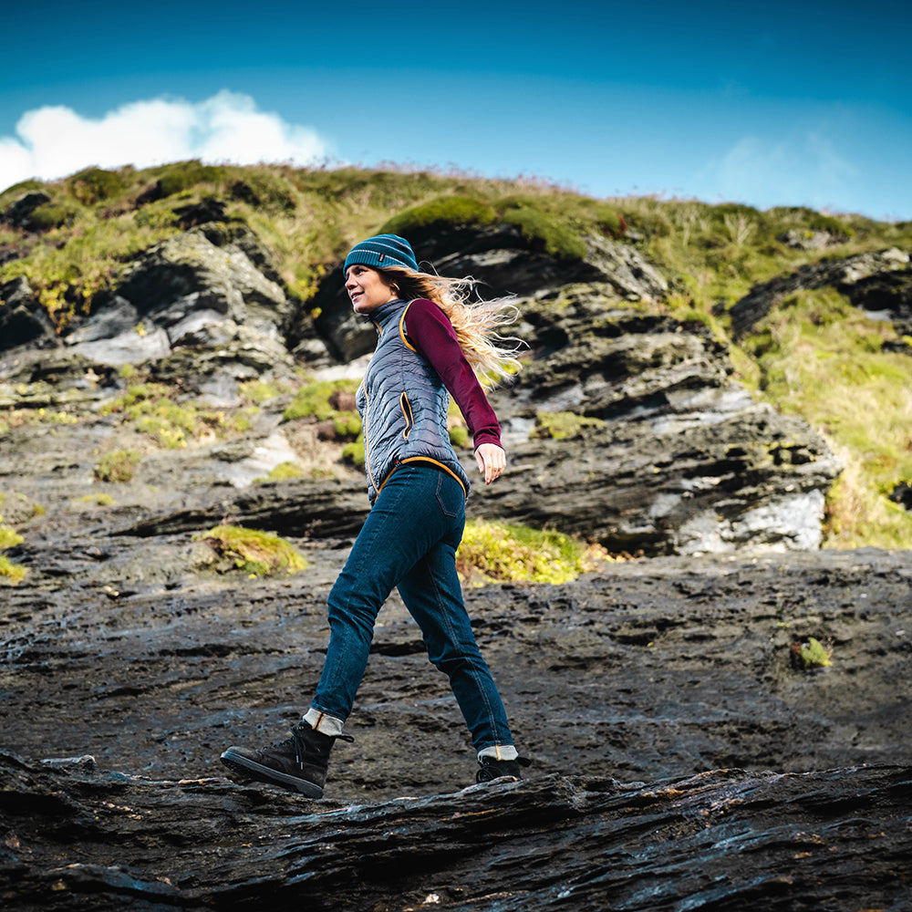 Isobaa | Womens Merino Wool Insulated Gilet (Smoke/Mustard) | Fight the chill with our innovative Merino gilet. | Model: Amy