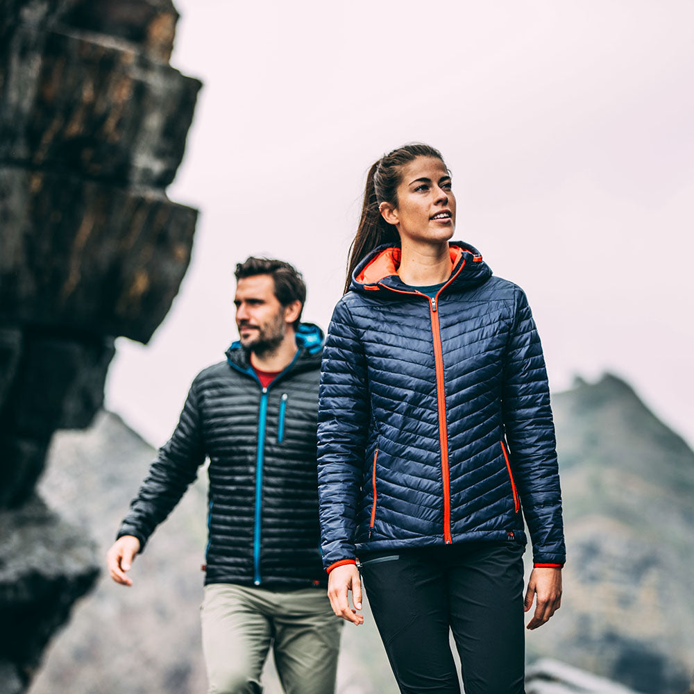 Isobaa | Womens Merino Wool Insulated Jacket (Navy/Orange) | Innovative and sustainable design with our Merino jacket.